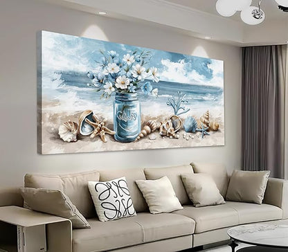 yearainn Coastal Canvas Wall Art - Rustic Jar Flowers Pictures Wall Decor Seashells Seaside Painting Artwork Ocean Landscape Prints for Living Room Bedroom Office Home Decor Ready to Hang 40" x 20"