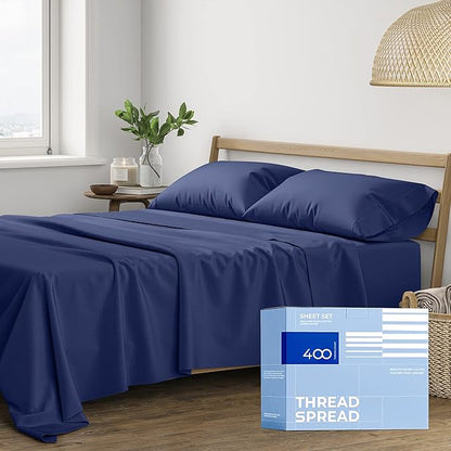 THREAD SPREAD 400 Thread Count King Cotton Sheets - 4 PC King Size Bed Sheet Set Cotton (Navy Blue), Soft, Cooling, Hotel-Quality 16" Deep Pocket Sateen Bedsheet for Hot Sleepers (Fits 18" Mattress)