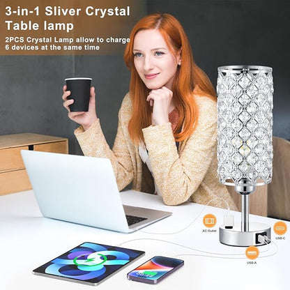 Hong-in Crystal Lamp Touch Control Set of 2, Sliver Crystal Table Lamps with USB C+A Ports & AC Outlet, 3-Way Dimmable Nightstand Touch Lamp, Modern Bedside Table Lamp for Bedroom(Bulbs Included)