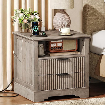 Farmhouse Fluted End Table with Charging Station, 24'' Sofa Side Table with 2 Drawers, Farmhouse Bedside Table with Storage, Large Nightstand for Bedroom, Living Room, Greige