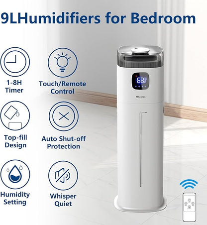 Large Humidifier for Bedroom, 9L/2.5Gal Ultrasonic Cool Mist, Easy Clean with 350ML/H Large Mist Speed, Remote control, Quiet Tower, Suitable for Kids Room Plant Yoga
