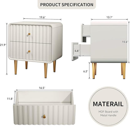 HLR Modern Nightstand, Fluted Bed Side Table with 2 Drawers Storage, Wood End Table with Gold Metal Handle, White Night Stands for Bedroom