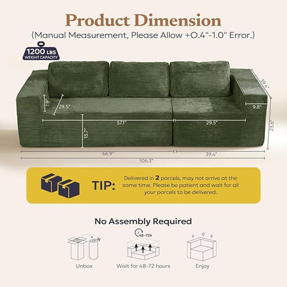 106" 3-Seater Sofa, Cloud Modular Sofa with Certified Foam, Upholstered Floor Sofa with Deep Seat, Sofa for Bedroom Living Room, No Assembly Required (Green, Plush Corduroy Fabric)