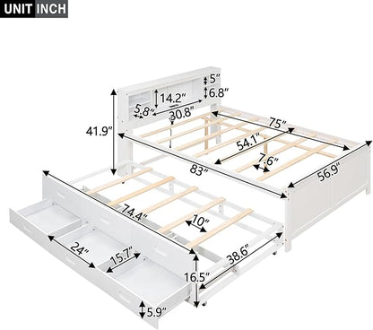 Platform Bed with Storage Headboard, USB, Twin Size Trundle and 3 Drawers, Full Size, White Color