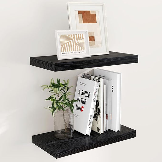 Floating Shelves 16 Inch Long, Wall-Mounted Bathroom Shelves Set of 2, 9.3 Inch Deep Shelf for Home Storage & Display, Wooden Deep Wall Shelves for Bedroom, Living Room, Kitchen, Black Color