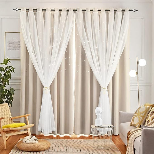 Star Double Layer Blackout Curtains for Bedroom & Kids, Cute, 72 Inches Long, 2 Panels Set, Beige, 42 X 72 Inches