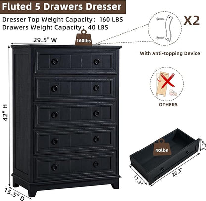 Farmhouse 5 Drawer Dresser for Bedroom Set of 2, 42" Tall Small Dressers & Chest of Drawers, Rustic Wood Dresser with Metal Handle, Storage Organizer Closet for Living Room, Hallway,Entryway