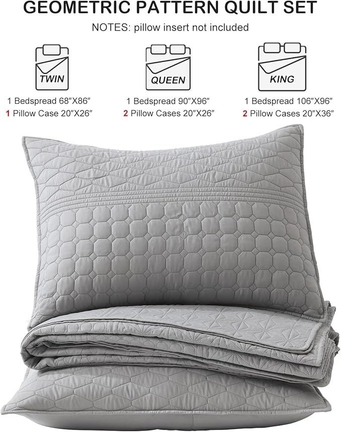 HORIMOTE HOME Grey Queen Size Quilt Set - Soft Microfiber Bedspread with 2 Shams, Lightweight & All-Season Geometric Coverlet for Cozy Bedding