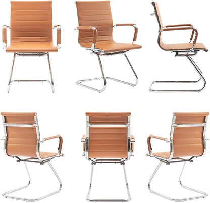 Wahson Office Guest Chairs Set of 2, Leather Reception Chairs, Mid Back Waiting Room Chair, Conference Chairs with Sled Base, Desk Chair No Wheels for Meeting/Lobby/Restroom, Terracotta