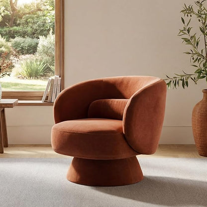 Swivel Accent Chair, Modern 360 Degree Swivel Barrel Chair with Arms & Curved Back and Lumbar Support Cushion, Comfy Round Single Sofa for Small Space, Living Room, Bedroom, Dark Rust Rayon
