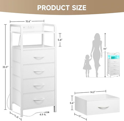 Night Stand Bedside Charger Bedroom - Nightstand with Charging Station, 2 U-S-B Ports & 2 AC Outlets, Tall Bed Side Table with LED Light Strip, Storage Shelf & 4 Fabric Drawers, White