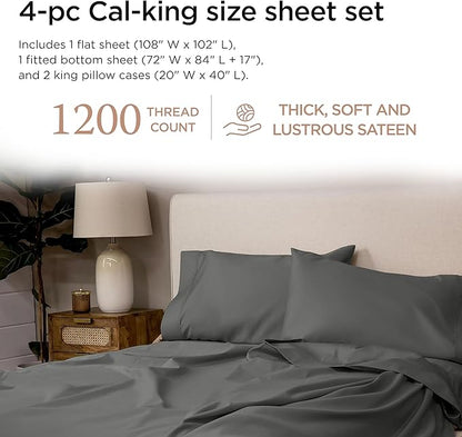 Threadmill 100% Supima Cotton Sheets, 1200 Thread Count Cotton Sheets for Cal King Size Bed, 4 Pc Dark Grey Cal King Bed Sheets Set, 5-Star Hotel Quality, Elasticized Deep Pocket Cal King Sheet