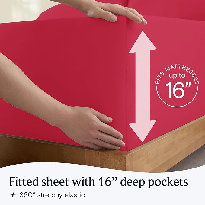 LuxClub 3 PC Twin Sheet Set, Deep Pockets Wrinkle Free Cooling Bed Sheets Hotel Bedding for Women, Men, Kids & Teens, Includes 1 Fitted Sheet, 1 Flat Sheet and 1 Pillowcase-Silky Soft Red