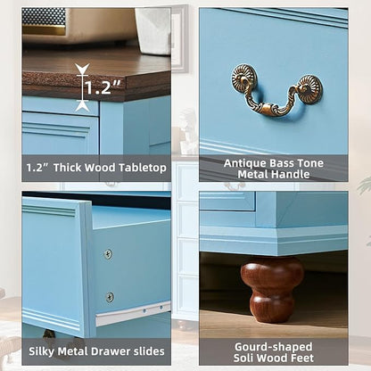 24" Wide Farmhouse Nightstand Set of 2, 45" Tall Rustic Chests of 5 Drawers w/ 4 Solid Wood Feet, Farmhouse Furniture Series for Living Room,Bedroom,LightBlue