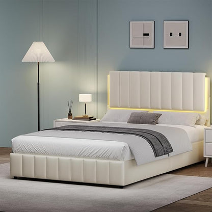 Queen Bed Frame with Headboard and LED Lights, Modern Upholstered Faux Leather Platform Bed with Wooden Slats Support, No Box Spring Needed, Easy Assembly, Cream