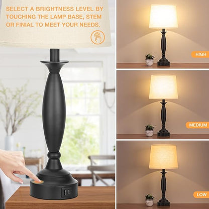 Seealle Beige Lamps for Bedrooms Set of 2 - Touch Control Bedside Lamp with USB C+A, 3 Way Dimmable Nightstand Lamps with USB Port, Table Lamp for Living Room(Beige Shade and Black Base)