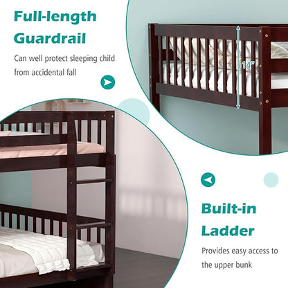 Giantex Full Over Full Bunk Bed with Trundle, Solid Wood Trundle Bed Frame w/Guardrails and Ladder, Convertible to 2 Beds, Full Size Bunk Beds for Adults Kids Teens, No Box Spring Needed,Espresso
