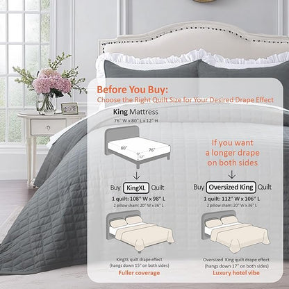 KASENTEX King XL Quilt Set 108"x98" – Soft Washed 3-Layer Lightweight Bedspread, Minimalist Nordic Design, All-Season Spring & Summer Quilt Set (1 Quilt + 2 Pillow Shams), Dark Grey