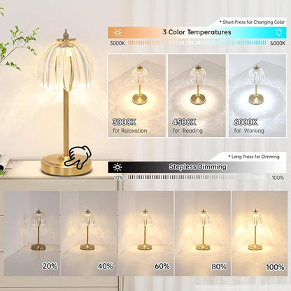 Tulip Table Lamp with 5000mAh Battery & Touch Control, Cordless Small Table Lamp with 3 Colors, Dimmable Rechargeable Table Lamps for Living Room, Bedroom, Desk, Bedside (Transparent Tulip)