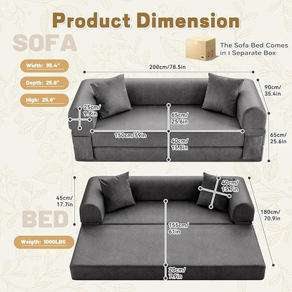 Convertible Folding Sofa Bed,78.5 Inch Faux Leather Futon Couch with Pillows & Storage Pocket,5-in-1 Queen Sleeper Sofa in a Box with Pull Out Bed,Boneless Couch for Living Room Bedroom,Gray