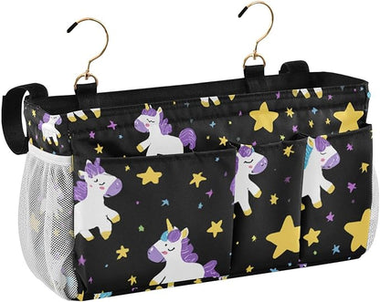 Bedside Caddy Hanging Bunk Bed Caddy Bed Organizer Hanging Pocket with 2 Hooks Bedside Storage Organizer Pocket Bag Holder Cute Unicorns Hearts Black