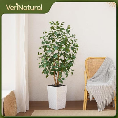 5ft Artificial Ficus Tree,Tall Faux Tree with Pebbles & Planter UV Resistant Potted Fake Plant with Silk Leaves & Real Wood Trunk,Indoor Outdoor Floor Plant for Home,Living Room,VN129
