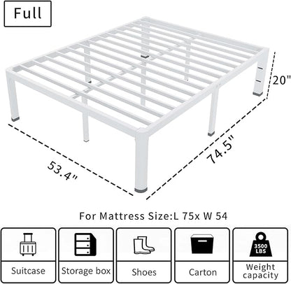 ROIL 20 Inch White Full Bed Frame with Rounded Corner and Headboard Hole Mattress Retainers, 3500LBS Heavy Duty Steel Slats No Box Spring Needed Platform Noise-Free Easy Assembly