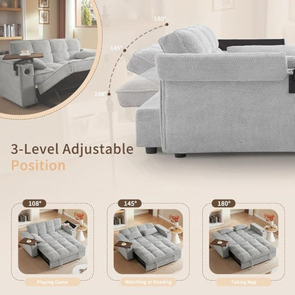 65'' Convertible Sleeper Sofa Bed with Adjustable Backrest, Chaise Lounge, Side Table & USB/Type-C Ports – Stylish & Functional Addition to Any Living Room (Fashion Light Grey)