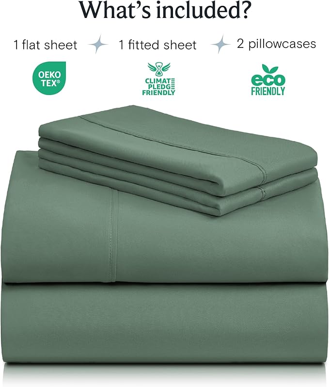 LuxClub 4 PC Queen Sheet Set, Deep Pockets Wrinkle Free Cooling Bed Sheets Hotel Bedding for Women, Men, Includes 1 Fitted Sheet, 1 Flat Sheet and 2 Pillowcases-Soft Tree Moss Green