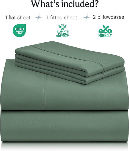 LuxClub 4 PC Queen Sheet Set, Deep Pockets Wrinkle Free Cooling Bed Sheets Hotel Bedding for Women, Men, Includes 1 Fitted Sheet, 1 Flat Sheet and 2 Pillowcases-Soft Tree Moss Green