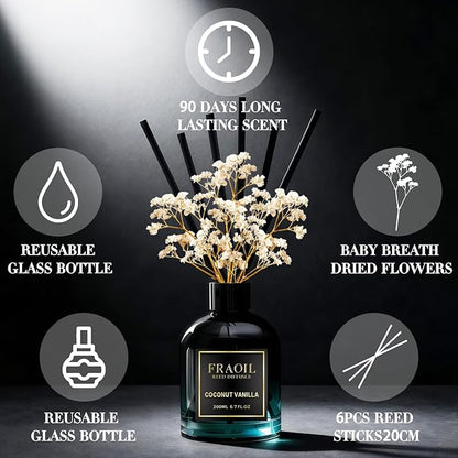 Coconut Vanilla Reed Diffuser, Reed Diffuser Set 6.7 fl oz (200 ml) with 6 Reed Sticks, Home Fragrance Reed Diffuser for Bathroom Shelf House Bedroom Office Decor