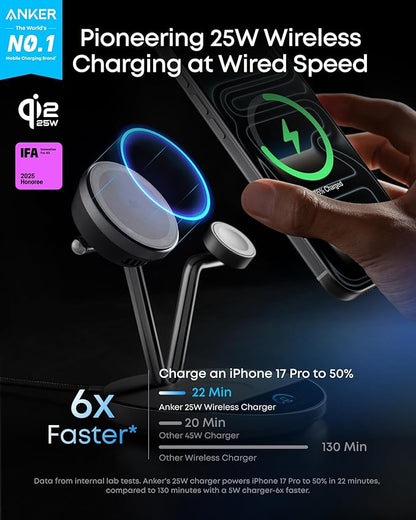 Anker Prime MagSafe Charger Compatible, 3-in-1 Charging Station, Qi2 25W Certified Wireless Charger Dock Stand, Smart Display with TEC Active Cooling, for iPhone 17, Apple Watch, AirPods, and More