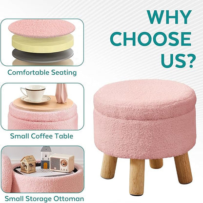 FIMIVIBI Small Foot Stool Ottoman with Storage, Sherpa Ottoman Foot Rest for Couch, Round Footstool with Storage, Small Ottomans and Footstools for Living Room and Entryway (Pink)