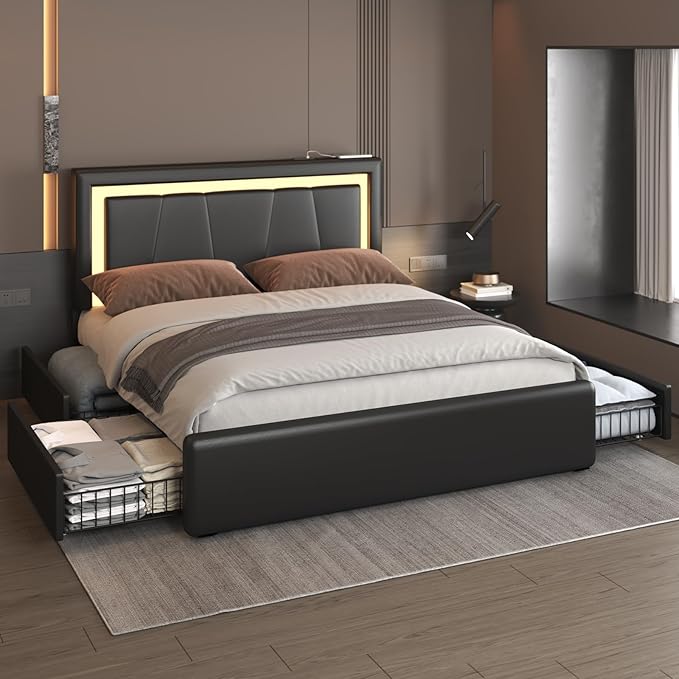 Full Bed Frame with 4 Storage Drawers and Adjustable Headboard, Upholstered Platform Bed with LED Lights and USB Ports, Solid Wooden Slats Support, Faux Leather, Easy Assembly, Black