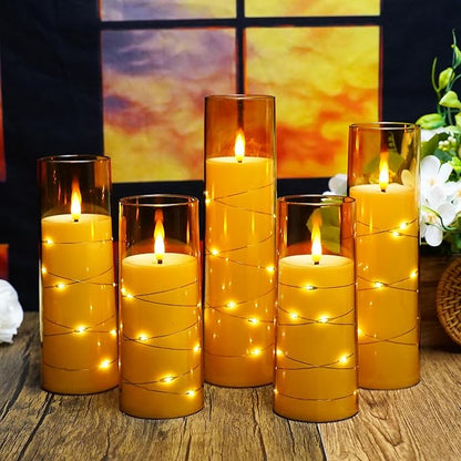 Flameless LED Candles with Timer 5 Pc Flickering Flameless Candles for Romantic Ambiance and Home Decoration Stable Acrylic Shell,with Embedded Star String，Battery Operated Candles（Gold）