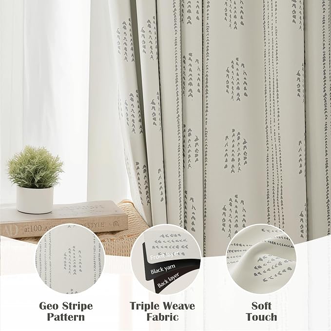 100% Boho Blackout Curtains 84 Inches Long for Bedroom, Grey on Beige Patterned Bohemian Curtains for Living Room, Geometric Striped Thermal Insulated Window Drapes Gromment Top 2 Panels