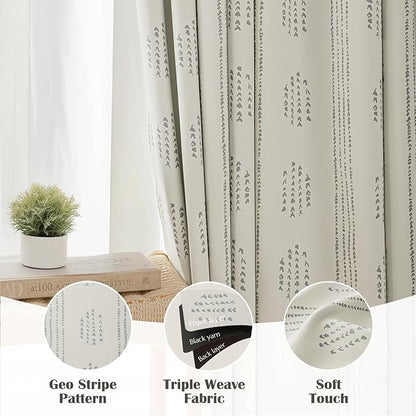 100% Boho Blackout Curtains 96 Inches Long for Bedroom, Grey on Beige Patterned Bohemian Curtains for Living Room, Geometric Striped Thermal Insulated Window Drapes Gromment Top 2 Panels