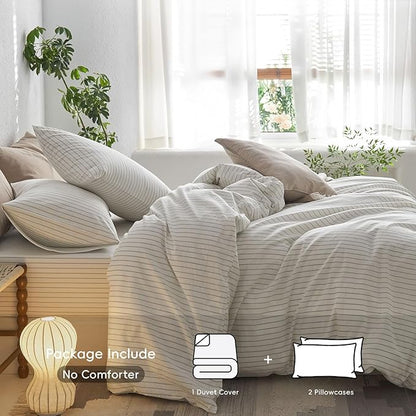 MooMee Striped Duvet Cover Set 100% Washed Cotton Linen Like Textured Breathable Durable Soft Comfy (White Sage Green Wide Stripes, Oversized King Plus 128"x120")