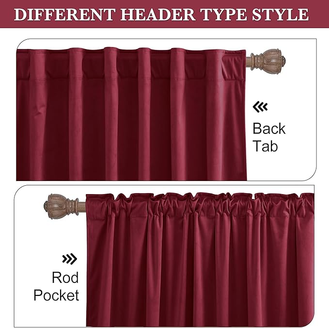 RYB HOME Burgundy Red Velvet Curtains for Christmas Decor, Soft Luxury Backdrops for Studio Theater, Back Tab Design for Bedroom Living Room, 52" W x L92 L, 2 Panels Set