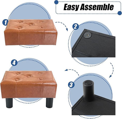 BRIAN & DANY Small Foot Stool, Leather Foot Stools with Legs, Stable Small Footstool for Living Room, Light Brown