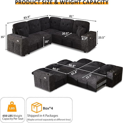 Modular Sectional Sleeper Sofa with Pull Out Bed, L Shaped 5 Seat Sectional Couches for Living Room, 84 Inch Sofa Bed with Adjustable Backrest | Hidden Storage | Wide Armrest | Navy Blue