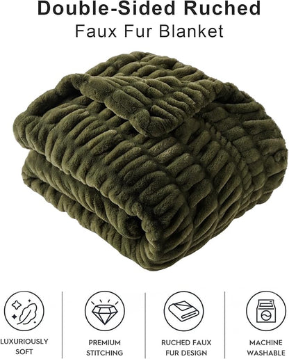BATTILO HOME Olive Green Faux Fur Throw Blanket for Bed, Large Double Side Reversible Ruched Faux Rabbit Fur Throw for Couch, Bed, Super Soft Blanket Cozy Warm Mink Blanket, 60"x80"