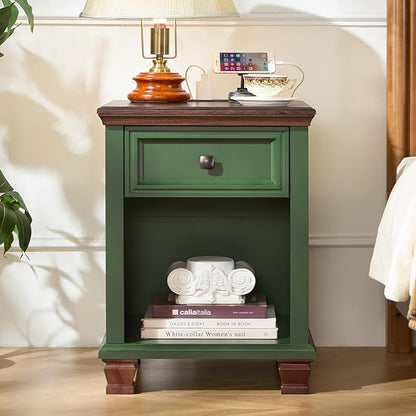 SAVOR LIFE Farmhouse End Tables Living Room with Drawer, Rustic Wood Nightstand with Charging Station, Bedside Table with Open Shelf for Bed Room, Living Room, Green