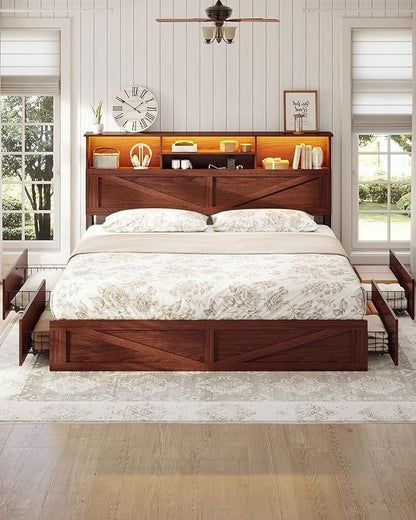 AOGLLATI Farmhouse King Bed Frame Bed Frame with 4 Storage Drawers and Led Lights, Wooden King Bed with Hidden Space Bookcase Headboard and Led Lights & Metal Slats, Mahogany