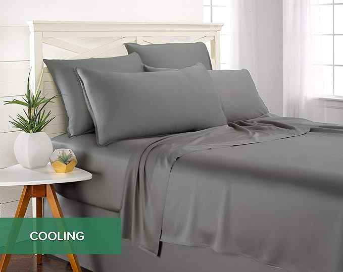 Pure Bamboo Queen Sheets, Genuine 100% Organic Viscose Derived from Bamboo Bed Sheet Set, Luxuriously Soft & Cooling, Double Stitching, 2 Year Quality Promise (Queen, Stone Grey)