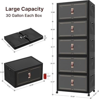 600Qt Stackable Storage Bins with Lids, 5 Pack Large Collapsible Bins with Wheels, Plastic Cabinet with Doors, Foldable Closet Organizers and Storage for Home, Dorm, Office, Black