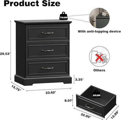 Farmhouse 3 Drawers Dresser for Bedroom, 24" Wide Modern Chest of Drawers with Deep Drawers & Bar Handles, Rustic Wood Nightstand, Wooden Closet Storage Organizer for Living Room, Hallway, Black
