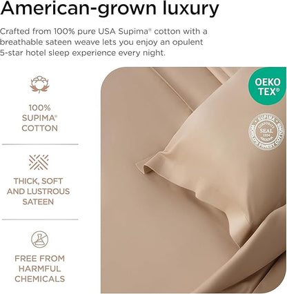 Threadmill Luxury Supima Cotton Sheets, 1200 Thread Count Soft 100% Cotton Sheets for King Size Bed, 4 Pc Beige King Bed Sheets Set, 5-Star Hotel Quality with Elasticized Deep Pocket King Sheets