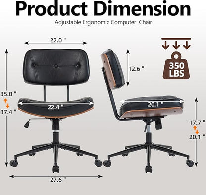 Armless Office Chair with Wheels, Adjustable Height Desk Chair Leather Swivel Computer Chair, Modern Walnut Office Side Chair for Meeting Room Office, Black