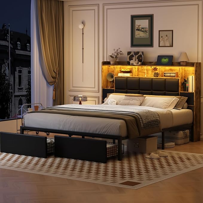 LED Bed Frame Full Size with Bookshelf PU Leather Headboard, 2 Hidden Storage Drawers, Upholstered Platform Bed with Charging Station, Metal Slats Support, Noise Free, No Box Spring Needed